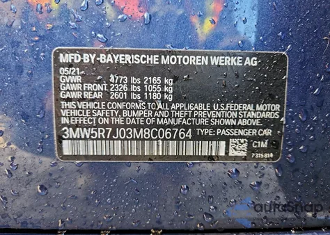 2021 BMW 330Xi из США, поврежденный, VIN 3MW5R7J03M8C06764